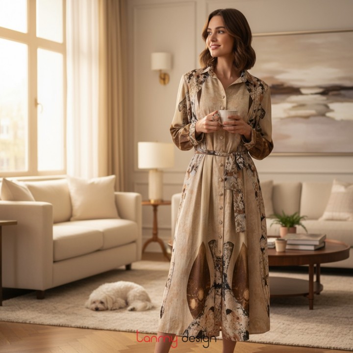 Silk shirt dress with egg-inlaid lacquer pattern